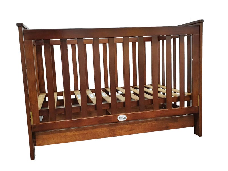 Kapai Beta Wooden Baby Cot Drop Side with Drawer COFFEE Carousel 1