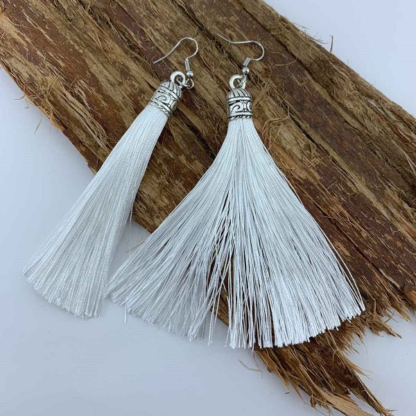 Silky Tassel Earrings 11cm "Juno" (White) Carousel 2