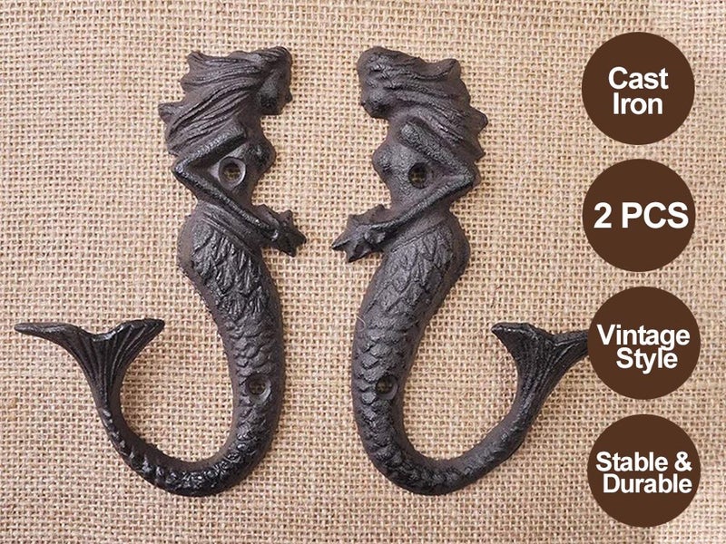 Cast Iron Mermaid Wall Hooks Vintage Rustic Wall Hanger (Set of 2) Carousel 1
