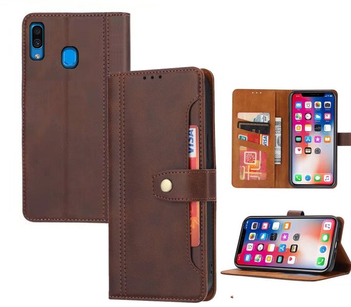 Galaxy A30 pu leather wallet case front pocket magnetic closure brown Carousel 1