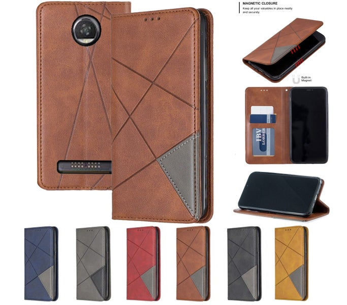 Moto Z2 play PU leather slim flip case patterned collage style brown Carousel 1