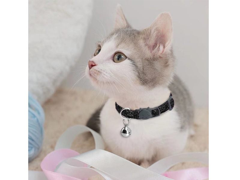 Adjustable Pet Collar with Shiny Ribbon Nylon and Bell for Cat Black Carousel 2