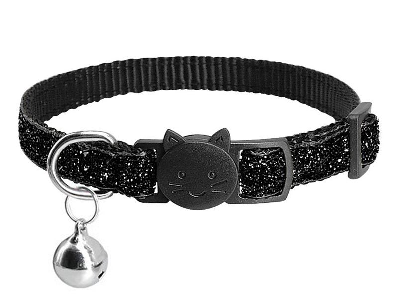 Adjustable Pet Collar with Shiny Ribbon Nylon and Bell for Cat Black Carousel 1