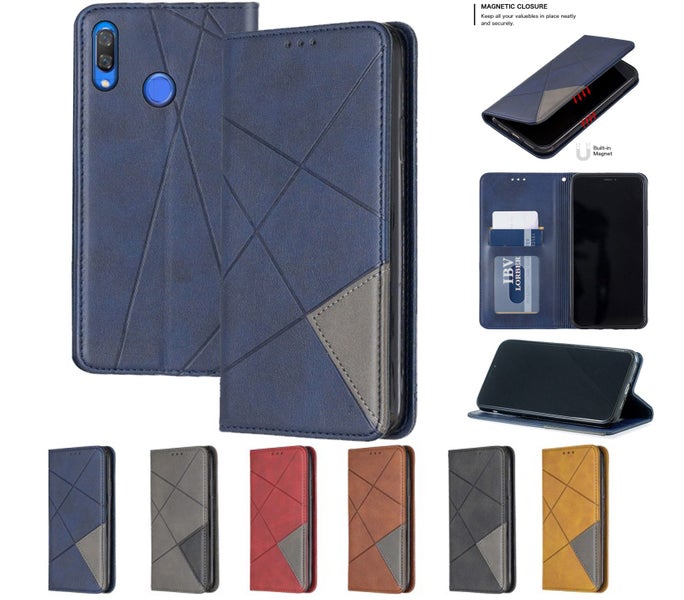 Huawei Y9 prime PU leather slim flip case patterned collage style navy Carousel 1