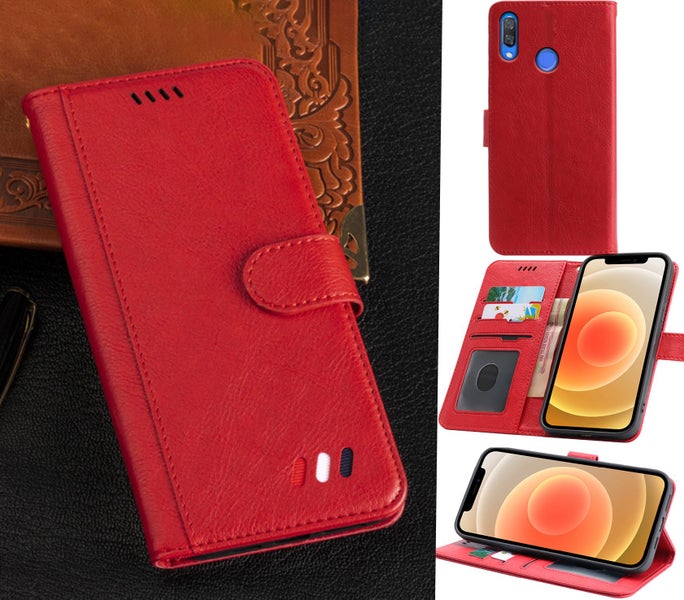 Huawei nova 3i full grain finish pu leather wallet case card & stand red Carousel 1