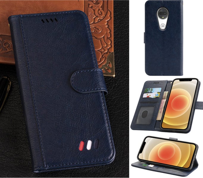 Moto G7 Moto G7 Plus full grain finish pu leather wallet case card & stand navy Carousel 1
