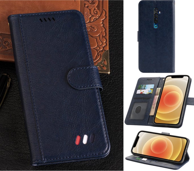Oppo Reno2 Z full grain finish pu leather wallet case card & stand navy Carousel 1