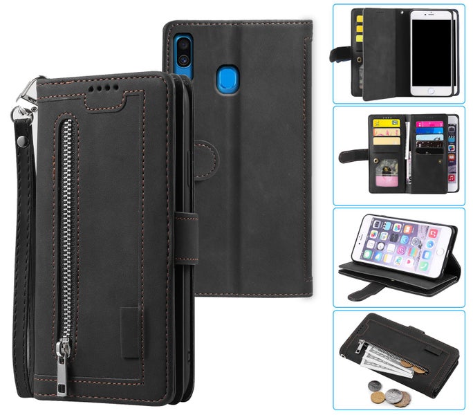 Galaxy A30 all in one Suede wallet case front zip pocket lanyard black Carousel 1
