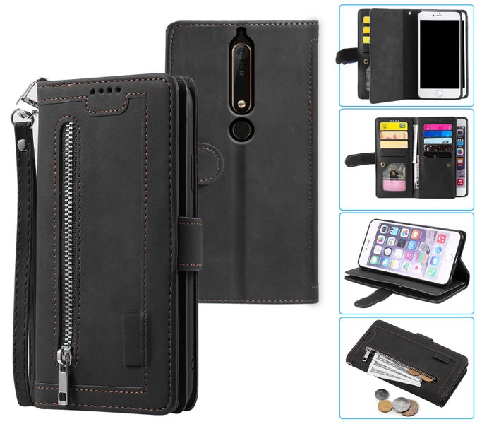 Nokia 6.1 all in one Suede wallet case front zip pocket lanyard black Carousel 1