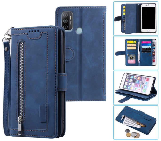 Oppo A53 A53s all in one Suede wallet case front zip pocket lanyard navy Carousel 1