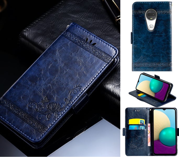 Moto G7 Moto G7 Plus top grain finish wallet case embossed side magnet navy Carousel 1
