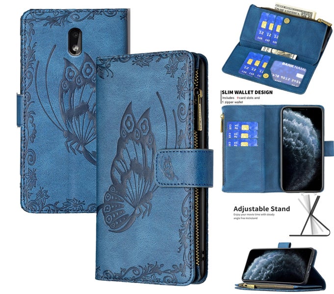 Nokia 2.2 suede wallet butterfly emobssed 9 card zip pocket navy Carousel 1