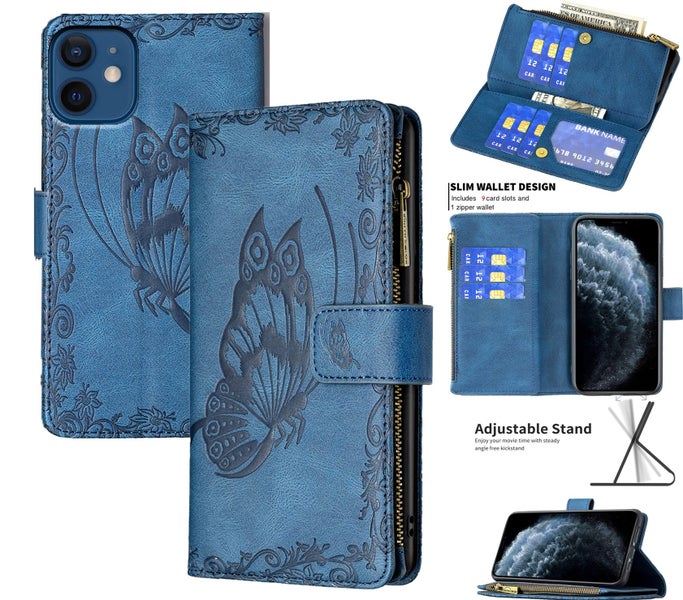Iphone 12 Mini 5.4" suede wallet butterfly emobssed 9 card zip pocket navy Carousel 1