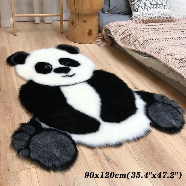 Panda Print Rug Faux Fur Area Rug Cowhide Animal Mat Cute Carpet 35.4"x47.2" Carousel 1