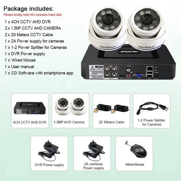 Saqicam 4CH Security DVR 2PCS 1.3MP Indoor Dome Cameras CCTV Package DIY Kit Carousel 9