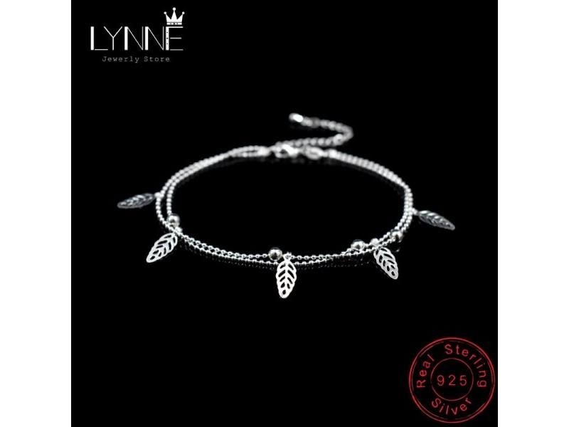 925 Sterling Silver Two Floor Small Bead Chain Leaves Pendant Anklet For Women Carousel 2