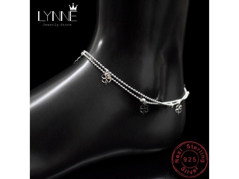 925 Sterling Silver Two Floor Small Bead Chain Leaves Pendant Anklet For Women Carousel 1