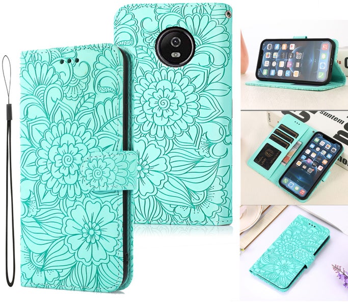Moto G5S embossed PU leather wallet case floral green Carousel 1