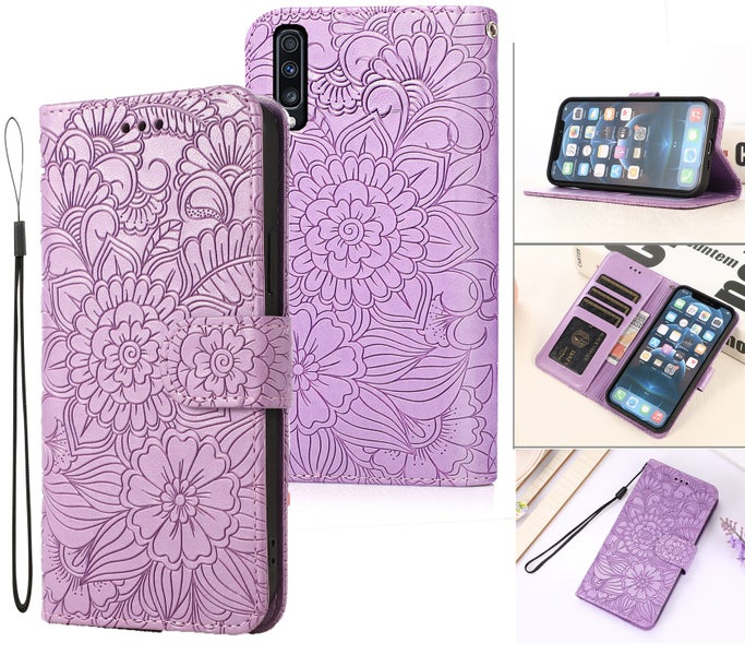 Galaxy A70 embossed PU leather wallet case floral purple Carousel 1