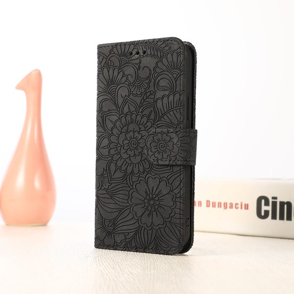 Samsung Galaxy s25 plus embossed PU leather wallet case floral charcoal Carousel 2
