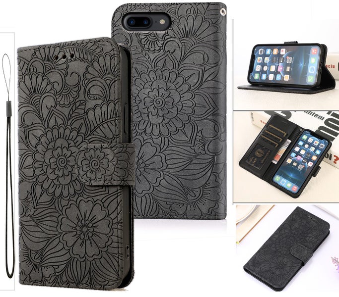 Iphone 7+ 8+ (5.5") embossed PU leather wallet case floral charcoal Carousel 1