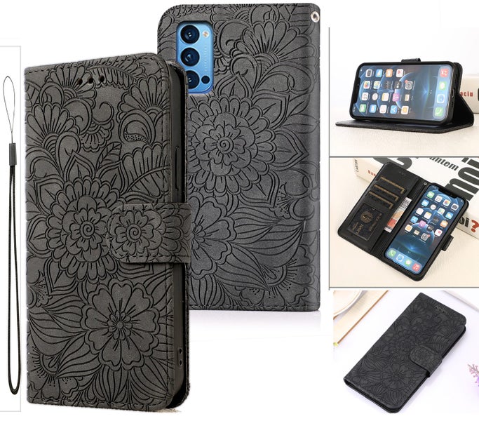 Oppo Reno4 pro 5G embossed PU leather wallet case floral charcoal Carousel 1