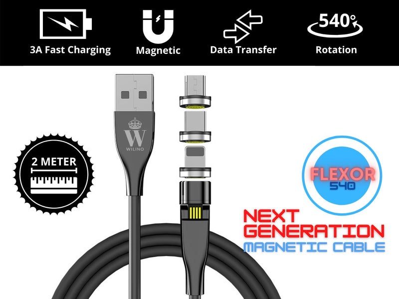 Magnetic Cable Flexible head | 2m Cord | USB C / Micro USB / iPhone | Black628632334914591114