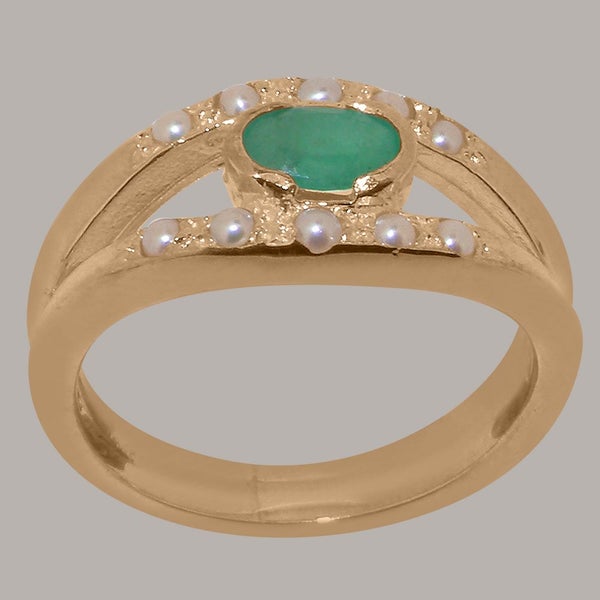 Rose Gold Natural Emerald & Pearl Womens Band Ring - Full 14k UK Hallmark Carousel 1