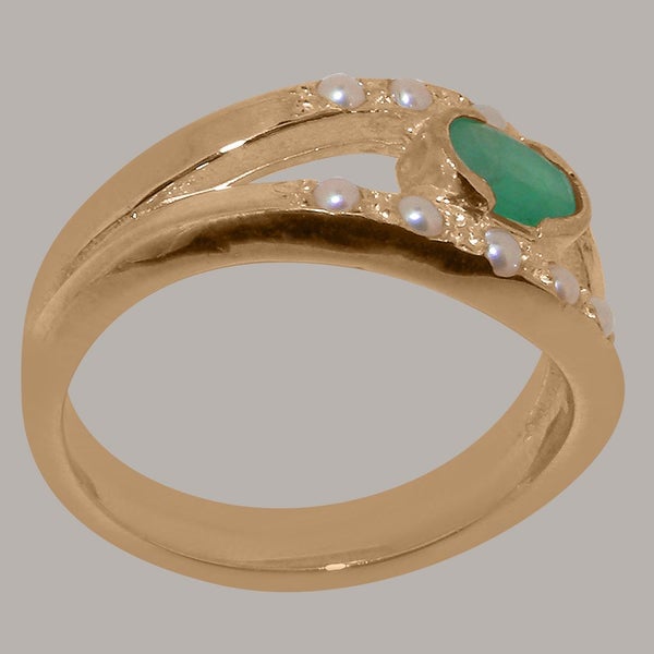 Rose Gold Natural Emerald & Pearl Womens Band Ring - Full 14k UK Hallmark Carousel 2