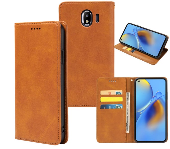 Galaxy J4 PU leather slim flip case concealed magnet tan Carousel 1