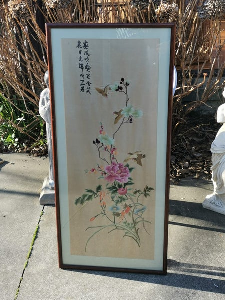 Large Original Vintage Silk Embroidery Picture of Birds and Flowers Carousel 1
