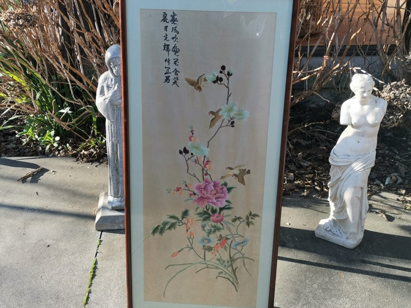 Large Original Vintage Silk Embroidery Picture of Birds and Flowers Carousel 2
