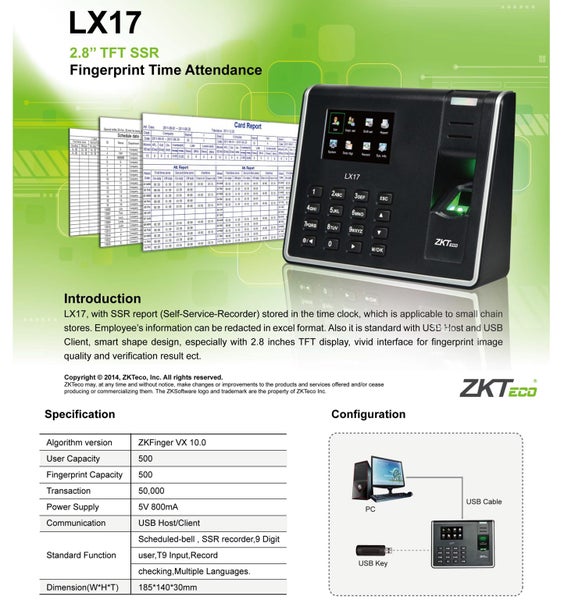 ZKTECO Time Attendance Biometric Fingerprint System Brand Zkteco Model LX17 Carousel 1