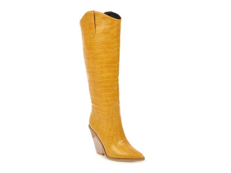 Black Yellow White Knee High Winter Boots For Women With Pointed Toe And Wedges Carousel 1