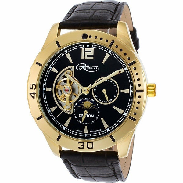 Croton Reliance GOLD Auto Multi-Function Watch with BLACK Leather Strap Carousel 1