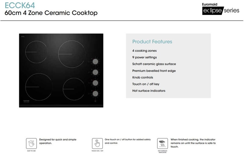 Euromaid 60cm Ceramic Cooktop With 4 Zones and Dial Controls Carousel 2