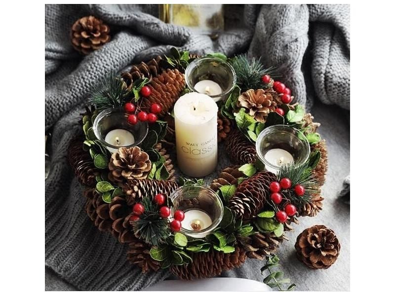 Christmas Candle Holders Pine Cone Berries Woodland Rustic Xmas Decor Table Carousel 1