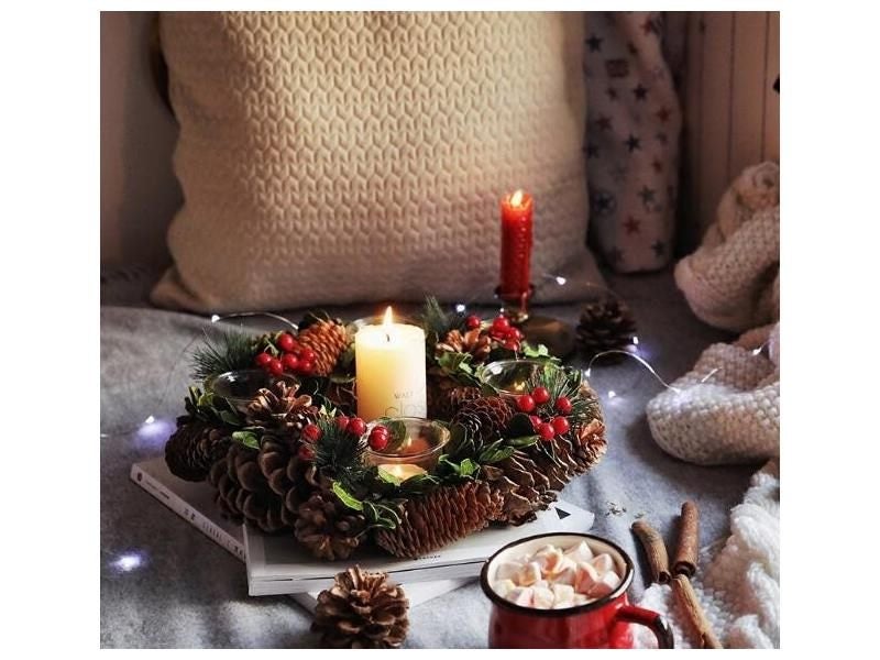 Christmas Candle Holders Pine Cone Berries Woodland Rustic Xmas Decor Table Carousel 2