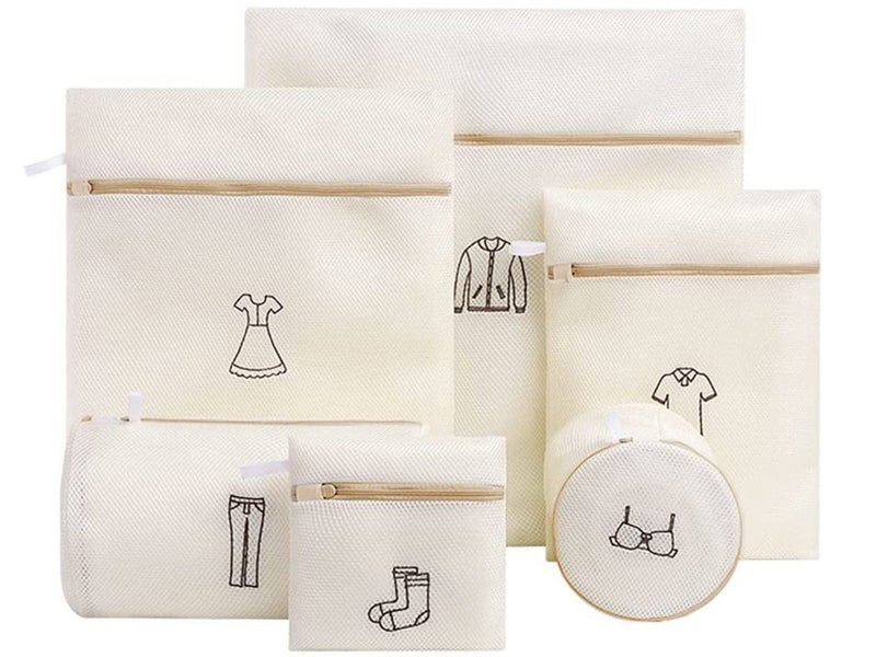 6Pcs Beige Laundry Bags Embroidery Pattern Washing Machine Travel Clother Bags Carousel 1