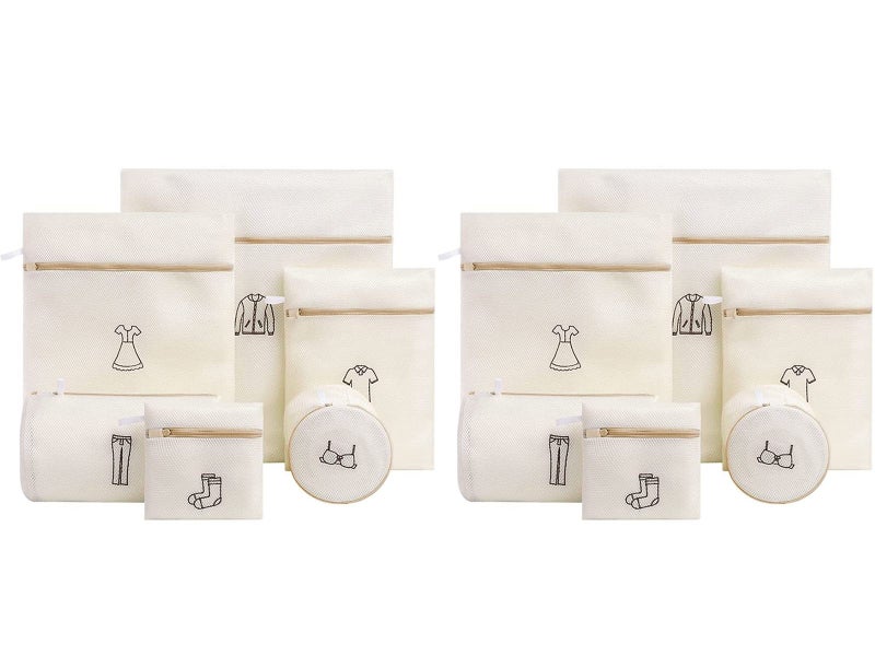 12Pcs Beige Laundry Bags Embroidery Pattern Washing Machine Travel Clother Bags Carousel 1