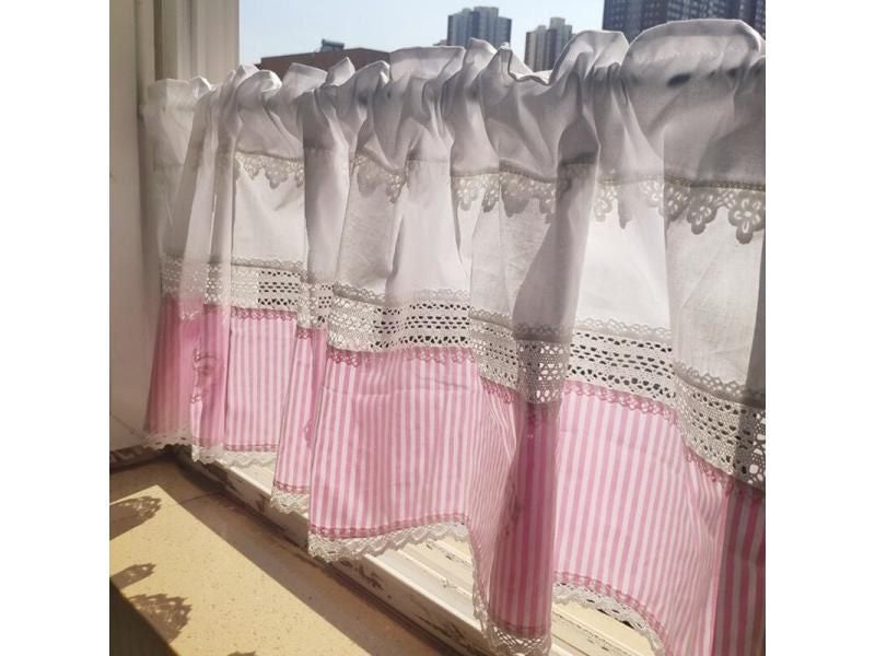 New Coffee Short Curtain Striped Mosaic Cabinet Curtain Double Color Lace Half Carousel 1