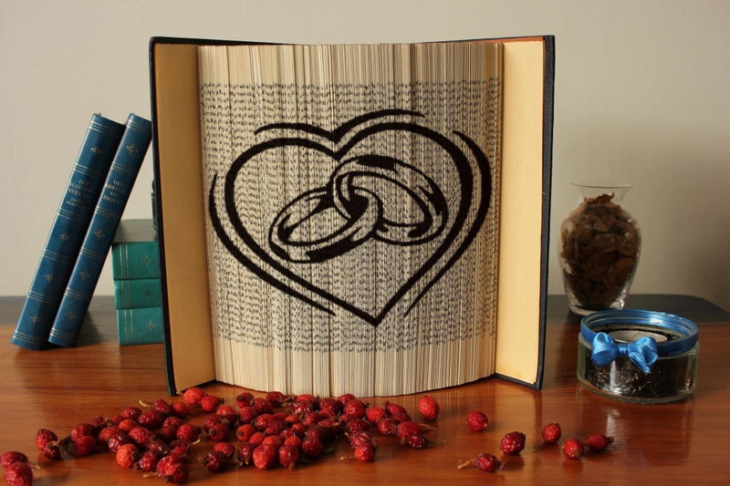 Wedding rings, heart: Artwork Book Art unique wedding decor, gift engraved image Carousel 1