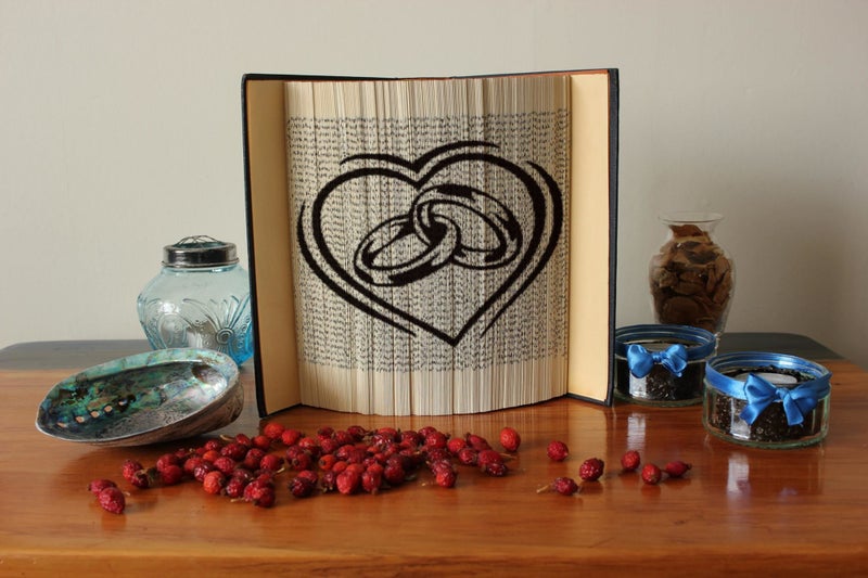 Wedding rings, heart: Artwork Book Art unique wedding decor, gift engraved image Carousel 2