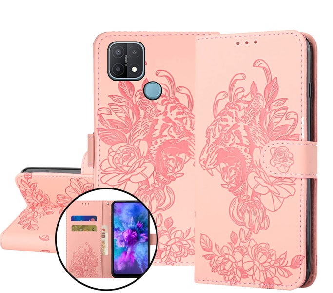 Oppo A15 embossed PU leather wallet case floral & tiger rosegold Carousel 1