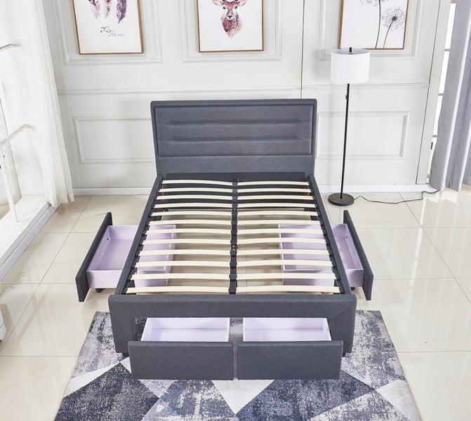 CAVINDESH QUEEN BED BASE GREY COLOUR FABRIC WITH FOUR DRAWER Carousel 1