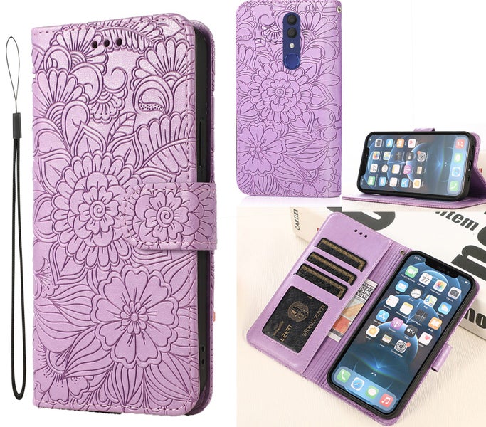 Alcatel 1X 2019 embossed PU leather wallet case floral purple Carousel 1