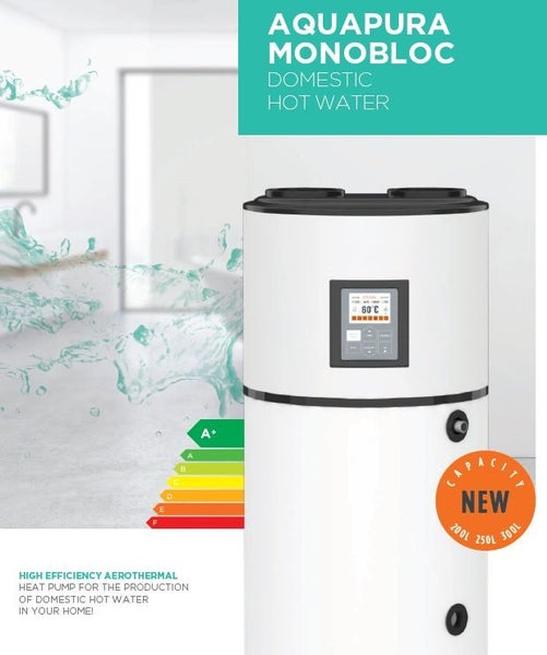 Energie Aquapura 250L air to water heat pump. Superior hot water heat pump. Carousel 1