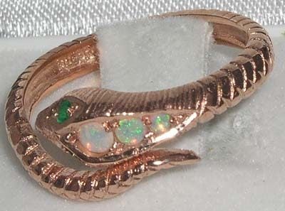Rose Gold Natural Opal & Emerald Womens Band Ring - Full 14k UK Hallmark Carousel 1
