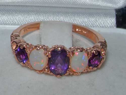 Rose Gold Natural Amethyst & Opal Womens Band Ring - Full 14k UK Hallmark Carousel 1