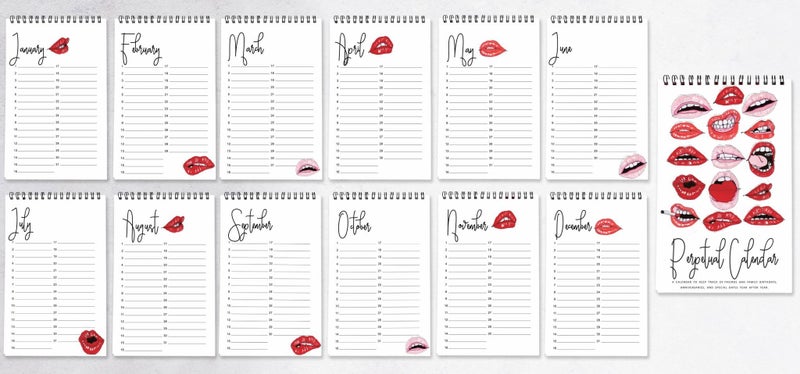 Inkdotpot Lips Perpetual Calendar, Important Dates to Remember- 6x9 Monthly and Carousel 6